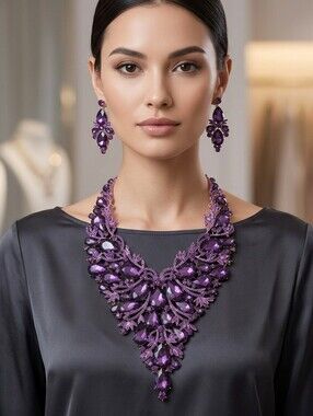 Purple Crystal Statement Necklace and Earrings Set